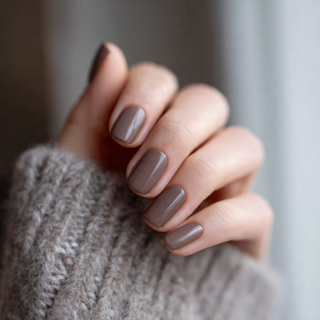 earthy mushroom brown short nails matte finish