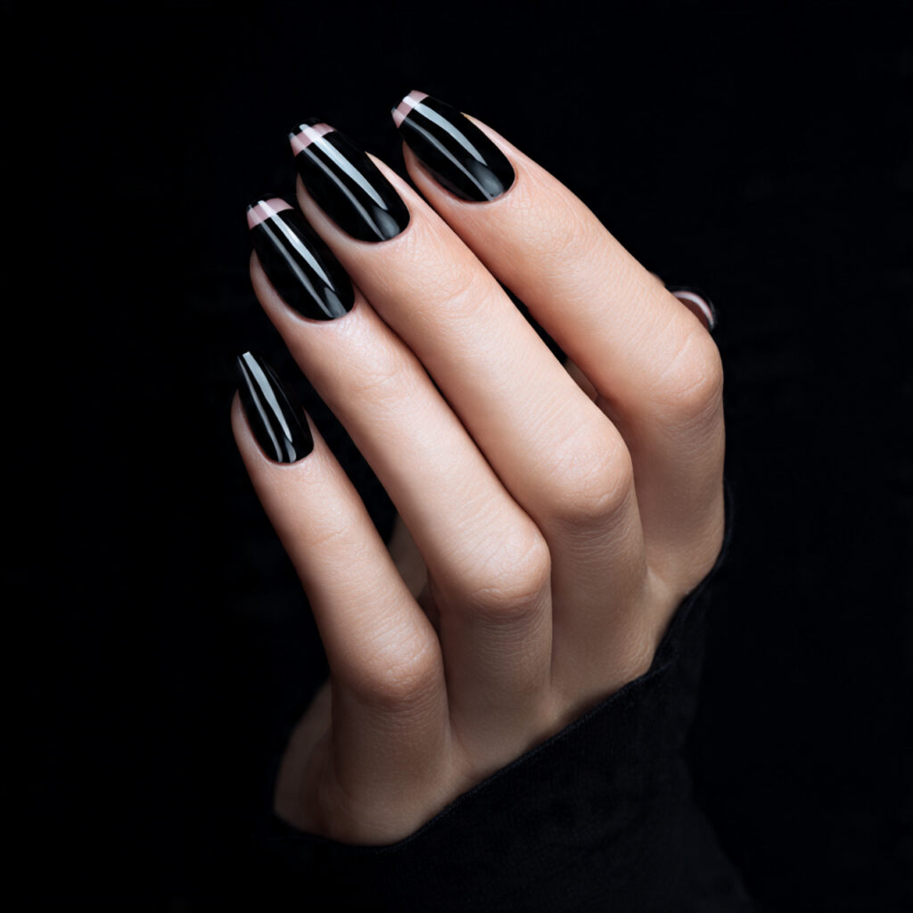 glossy black nails with modern negative space desi