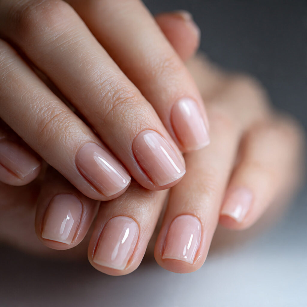 23 Natural Looking Nail Designs That Feel Soft, Clean & Timeless 3 hands with natural nails coated in clear