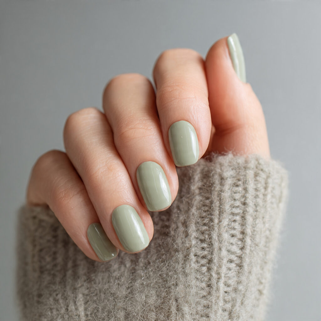 21 Pre-Spring Nail Ideas That Feel Fresh, Soft & Perfect Right Now 13 image of nails in muted pale sage green soft earth
