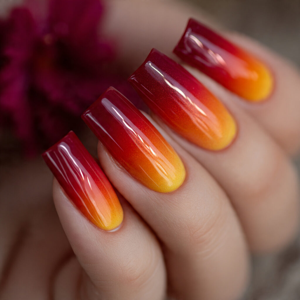 28 Sunset Ombre Nail Ideas That Blend Colors Beautifully Try This Look Today 8 Red to Orange to Yellow