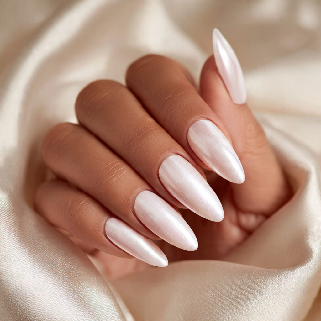 medium almond nails in pearly white with subtle li