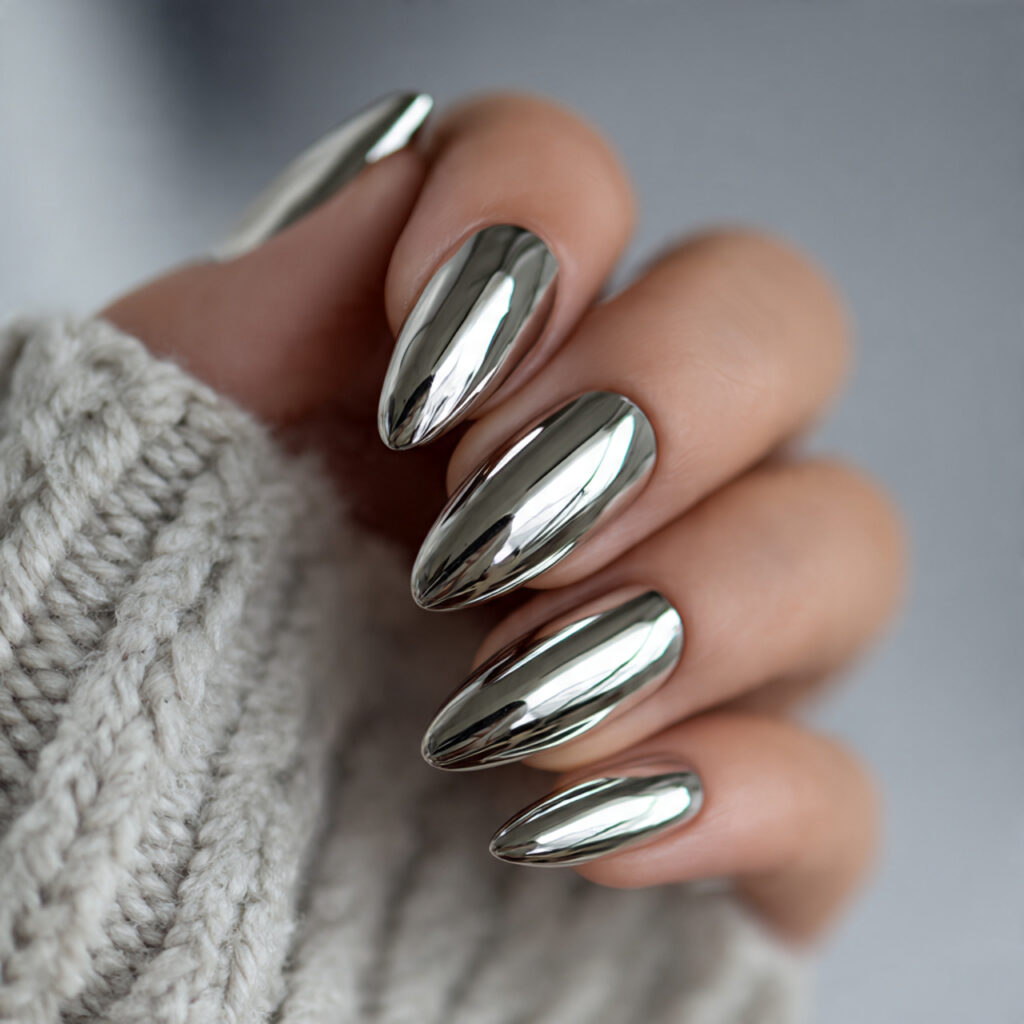 medium almond nails with reflective chrome finish