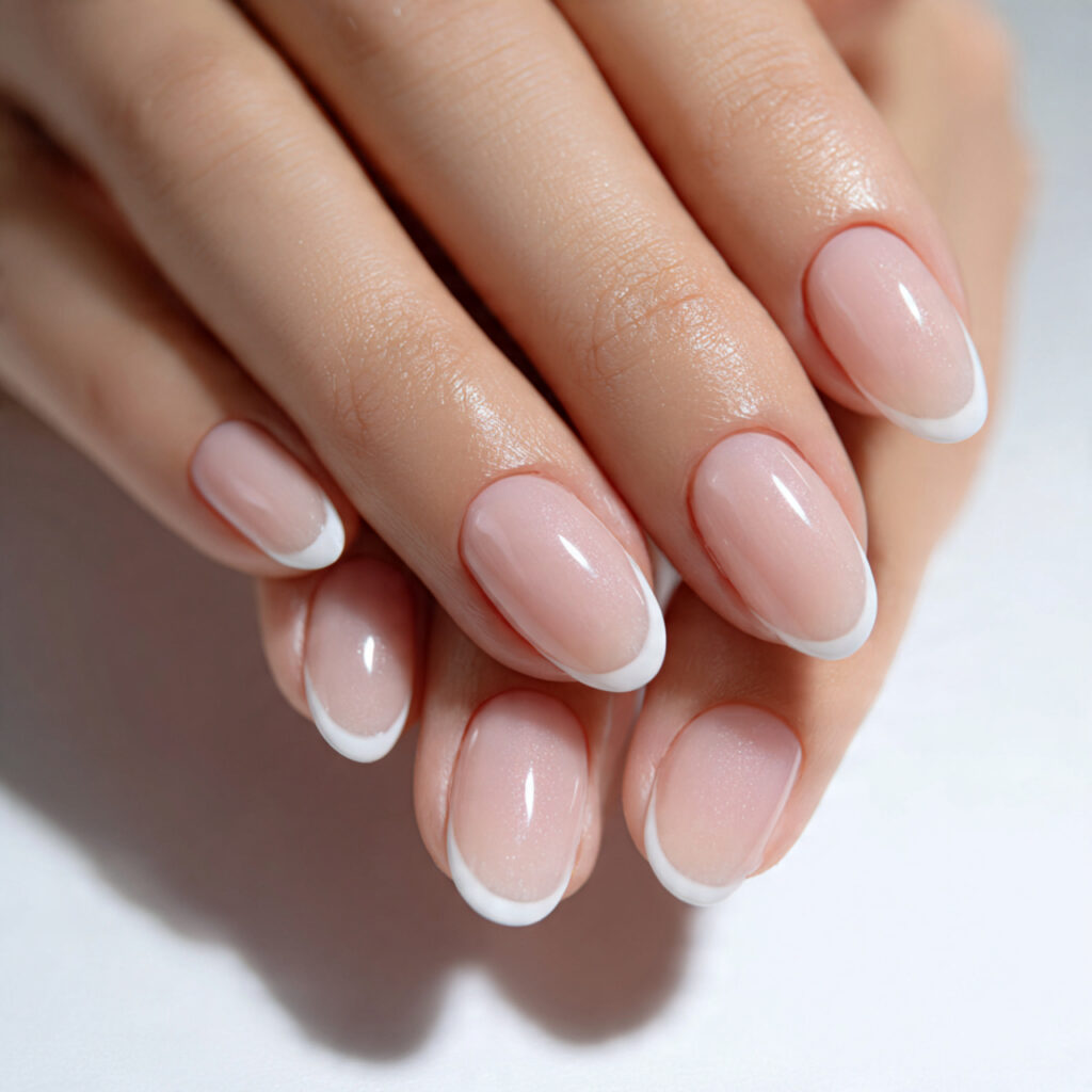 medium oval nails with sheer base and slightly dar