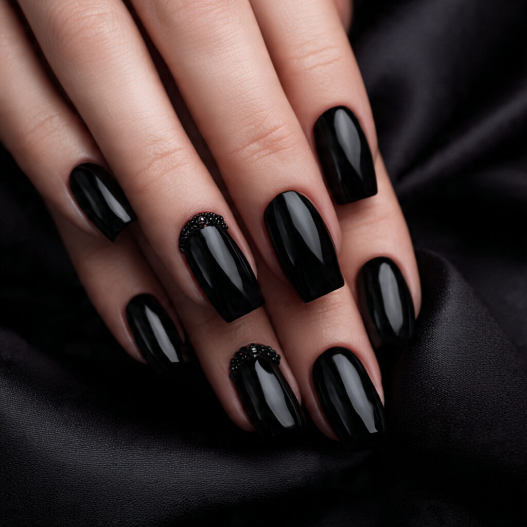 medium square nails painted jet black with mirror