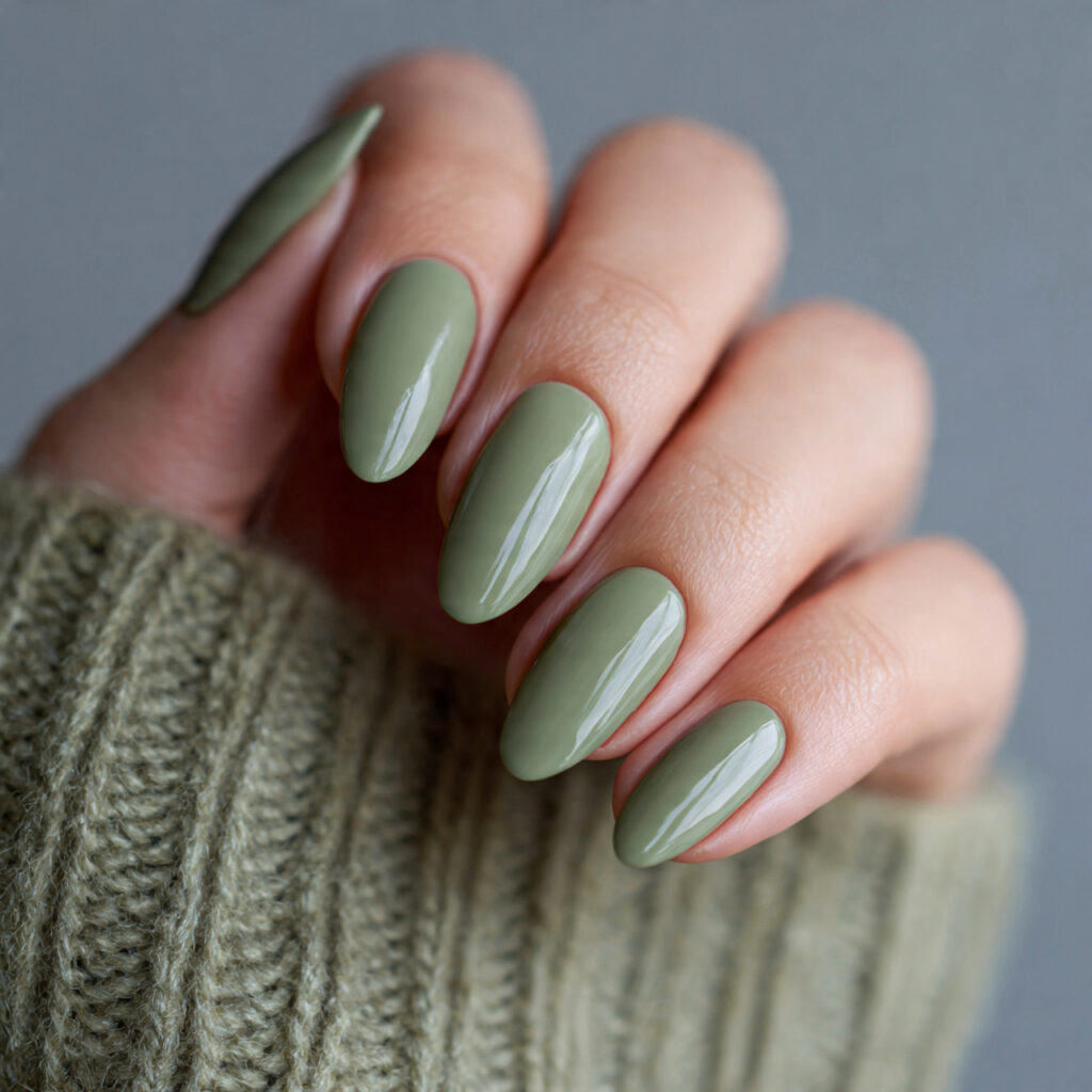 muted green sage nails medium length almond and