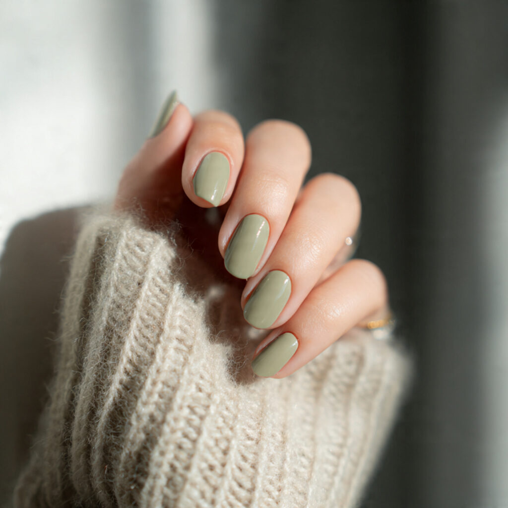 muted sage green short nails earthy calming