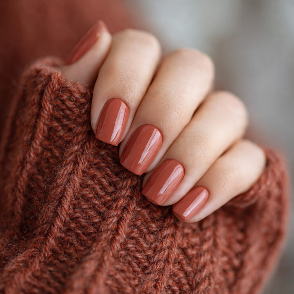 28 End of Winter Nail Ideas That Feel Cozy, Chic, and Transitional 8 nails in a soft terracotta shade with
