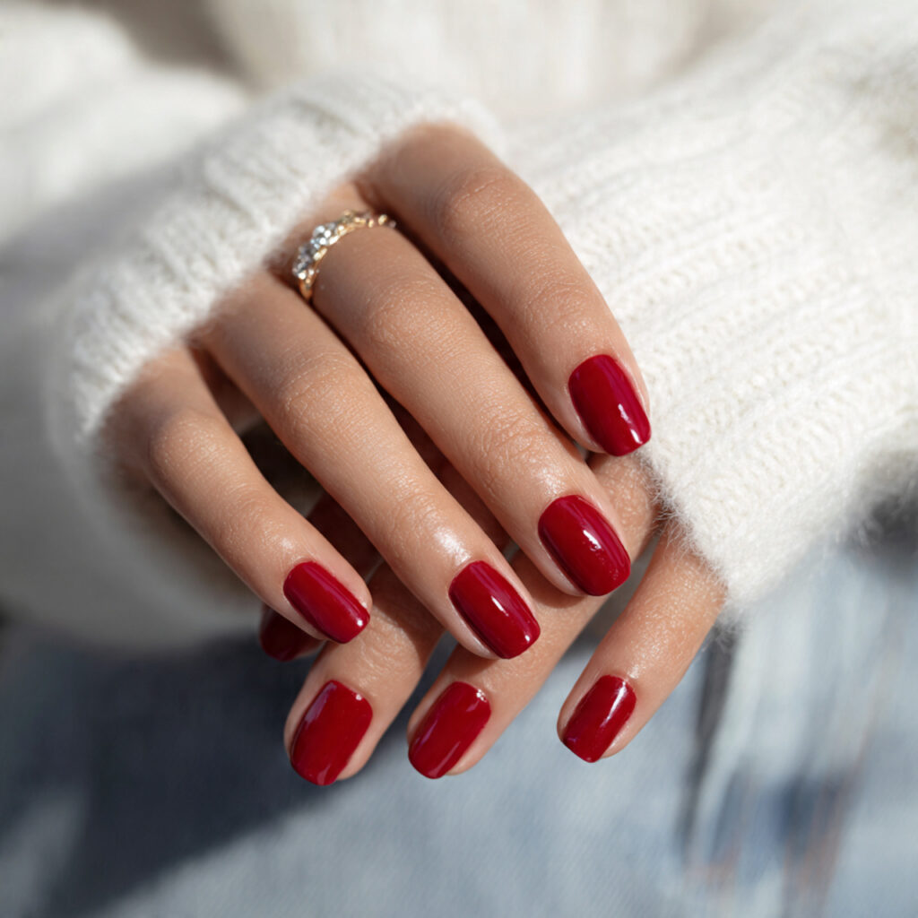 nails painted in bold true red on