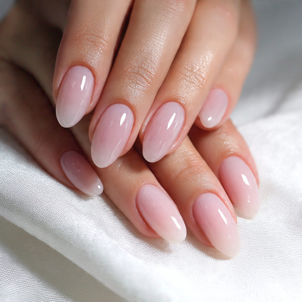 natural oval nails with sheer rose wash ultra glos