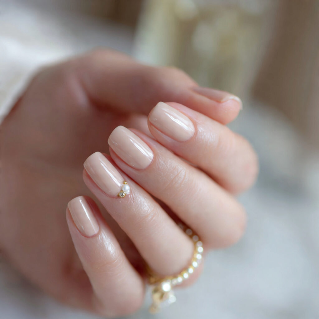 neutral base nails with one tiny pearl accent on t