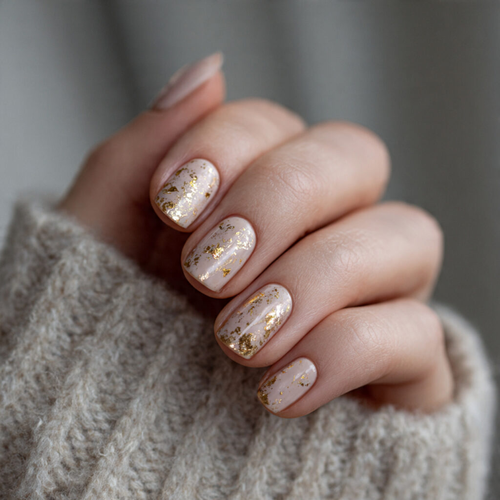 neutral beige manicure with small pieces of