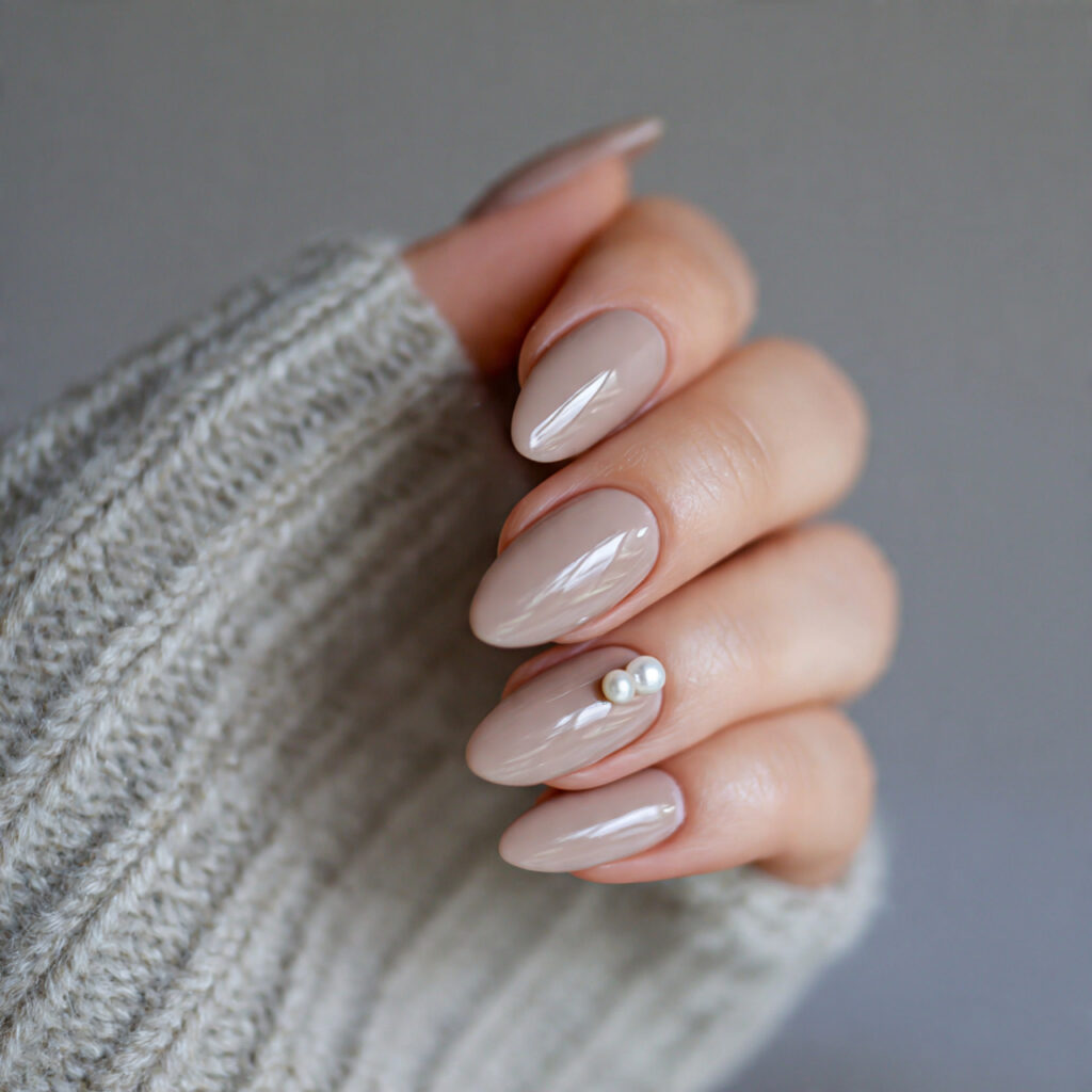 neutral nails with single small pearl accent