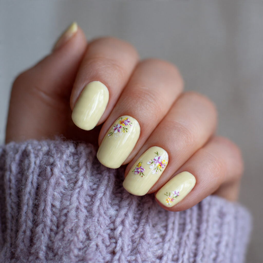 26 Easy Spring Nails Anyone Can Do at Home 9 Yellow with Small Flowers