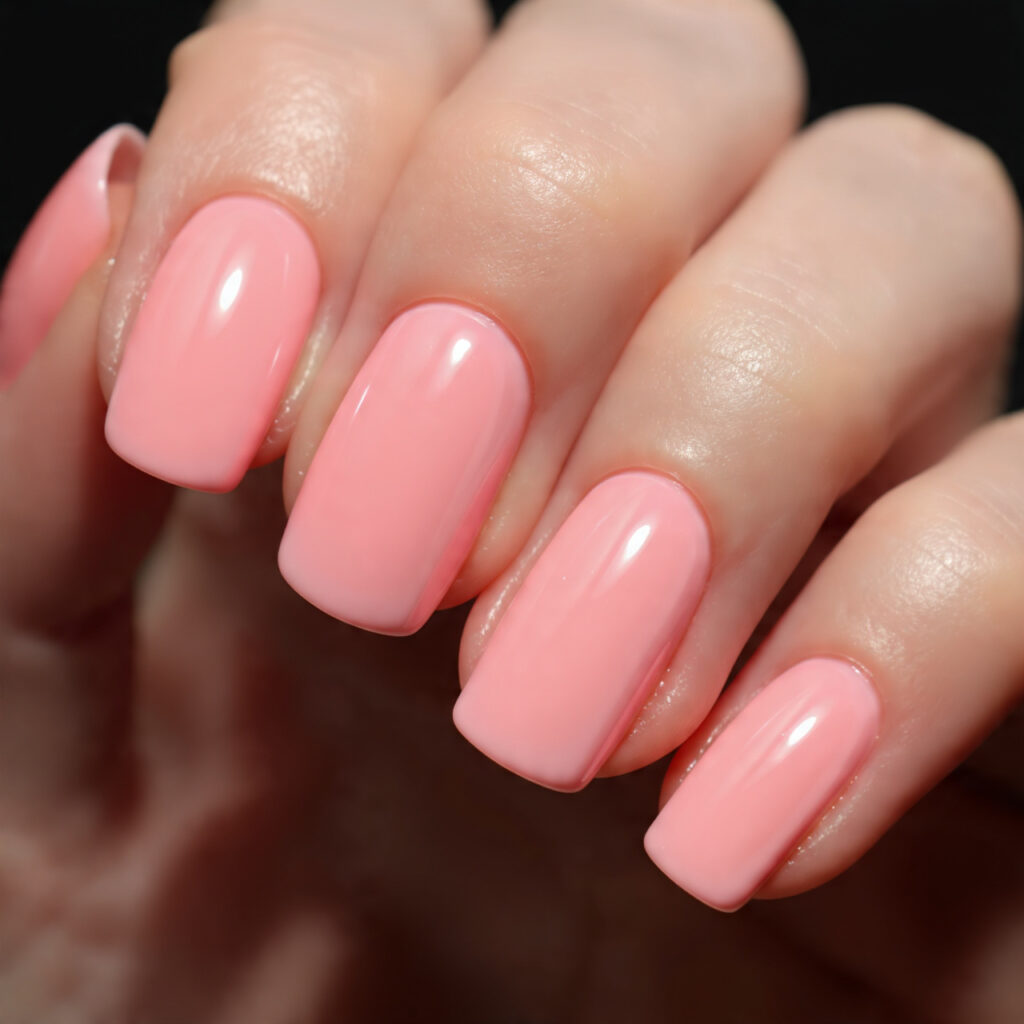 peachy pink glazed nails with high shine luminous