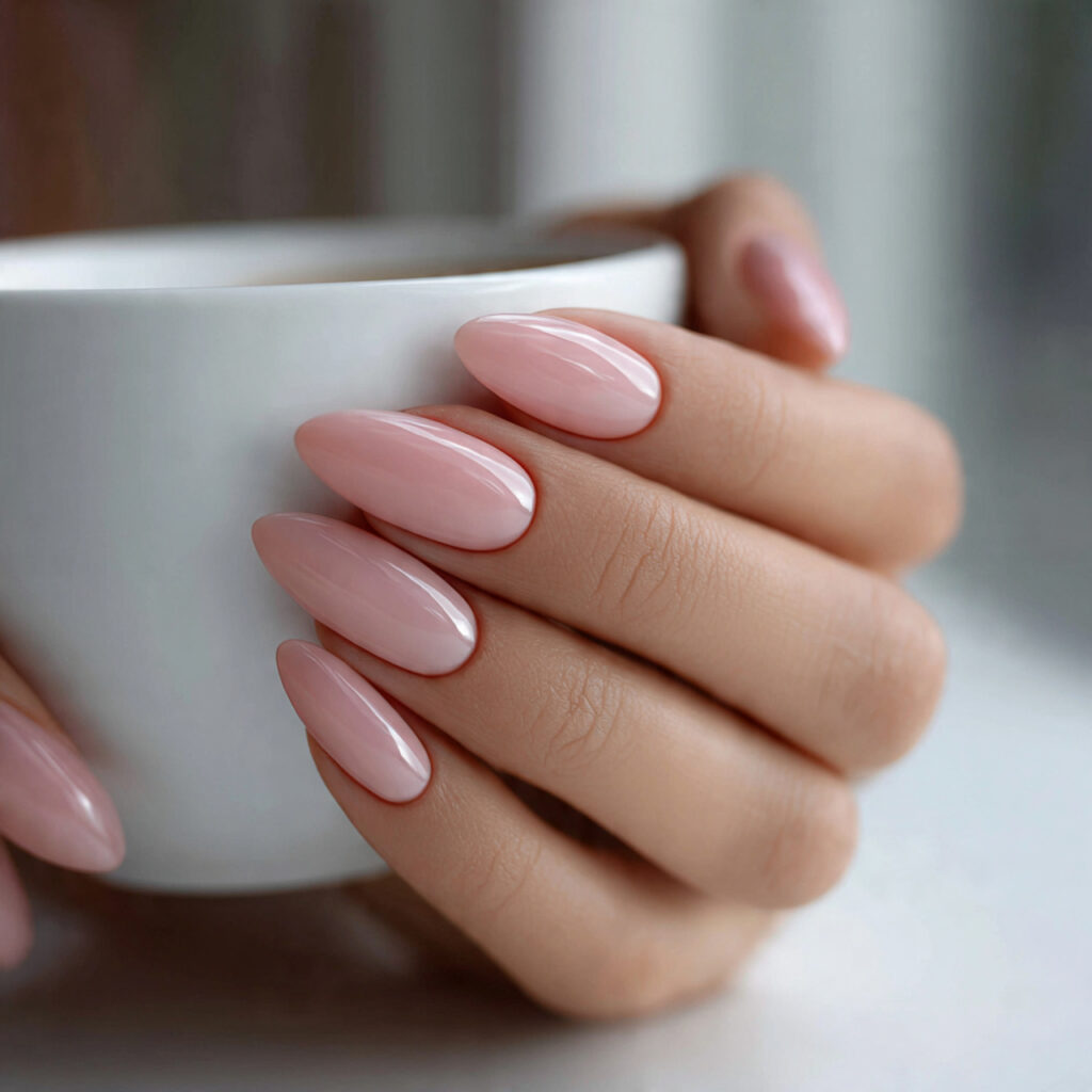 perfect almond shaped nails with sheer pink polish
