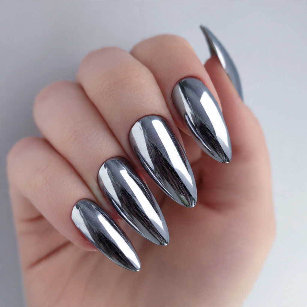 platinum silver chrome nails with liquid metal mirror