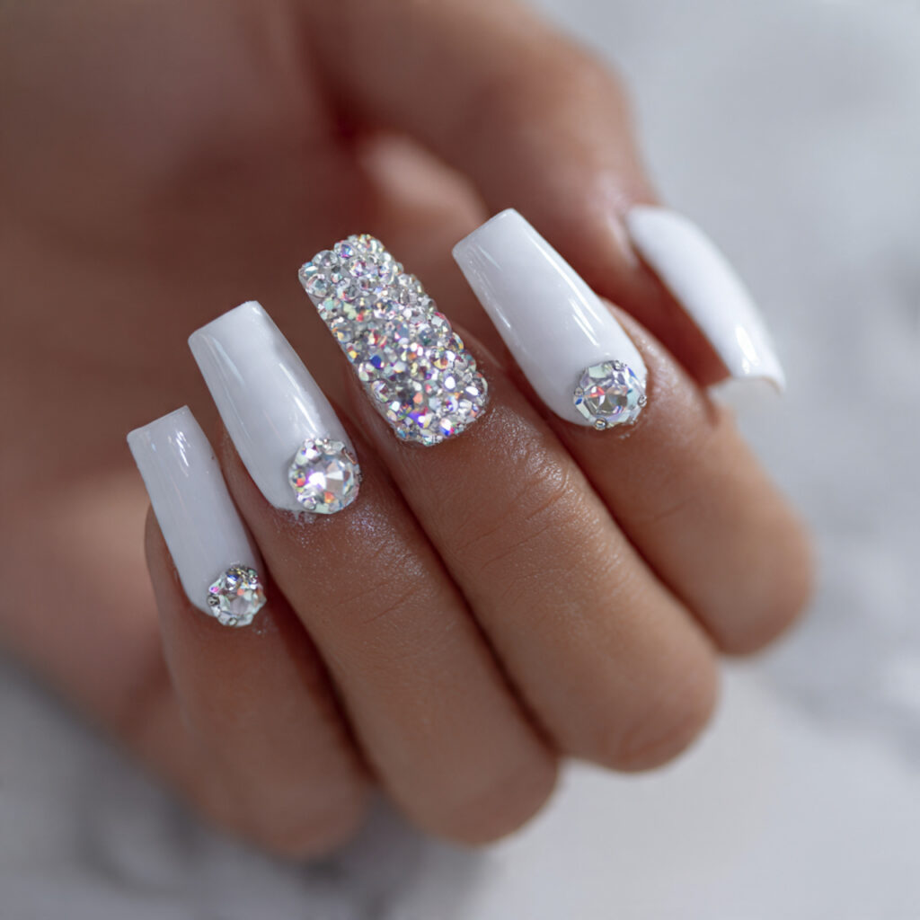 platinum white nails adorned with clear diamond