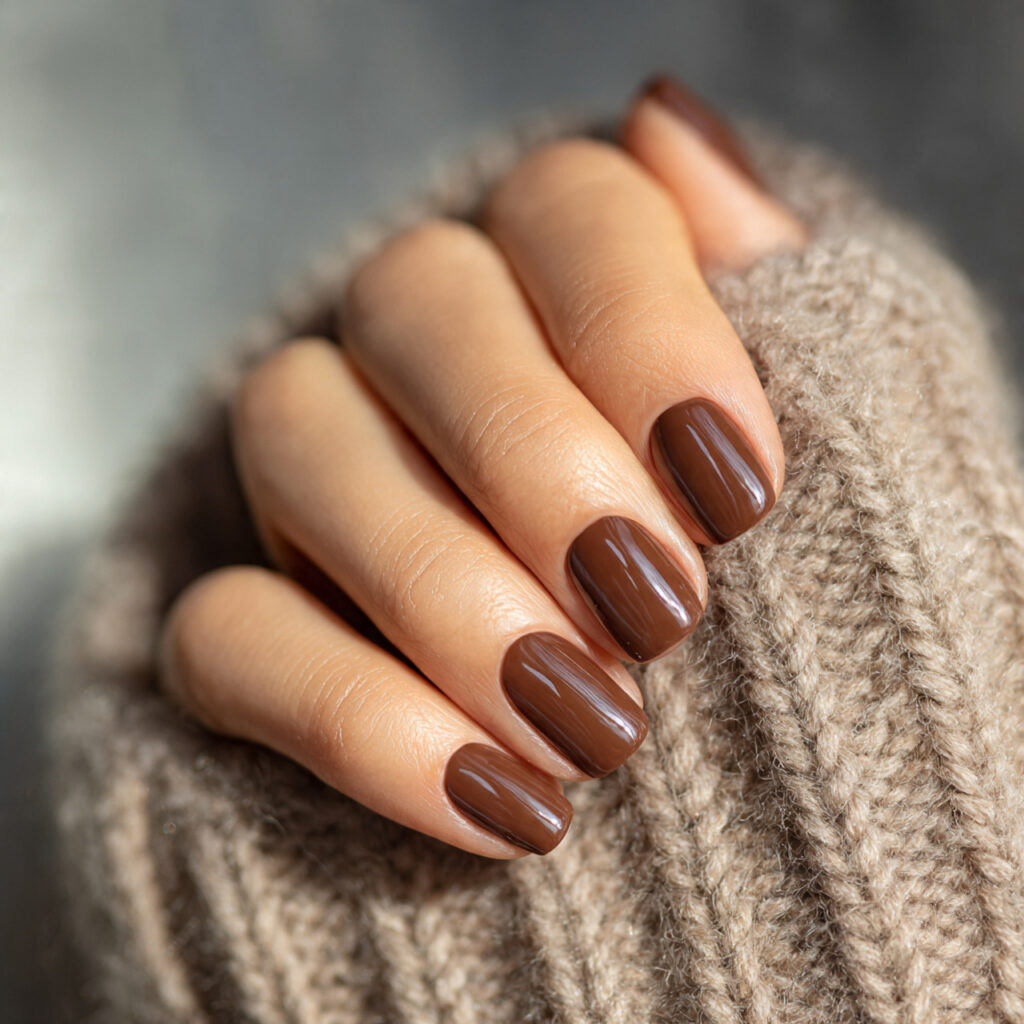 rich caramel short nails glossy finish cozy