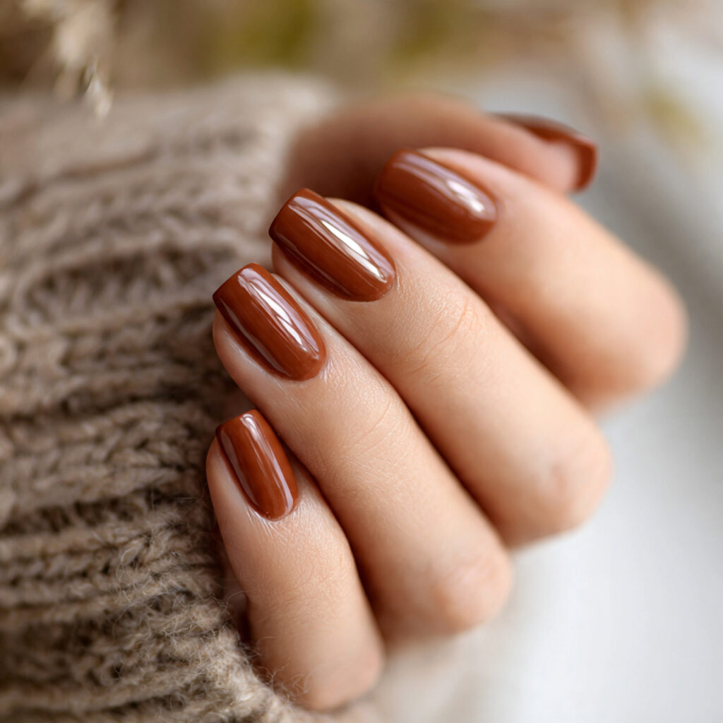 rich caramel tan nails glossy finish medium length