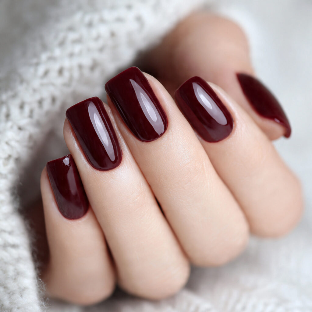 rich deep burgundy nails with ultra glossy finish