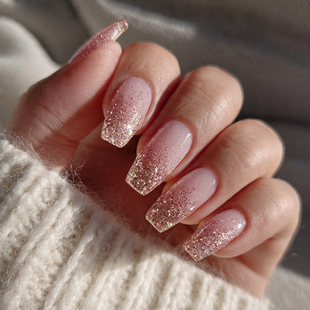 sheer blush base nails with rose gold