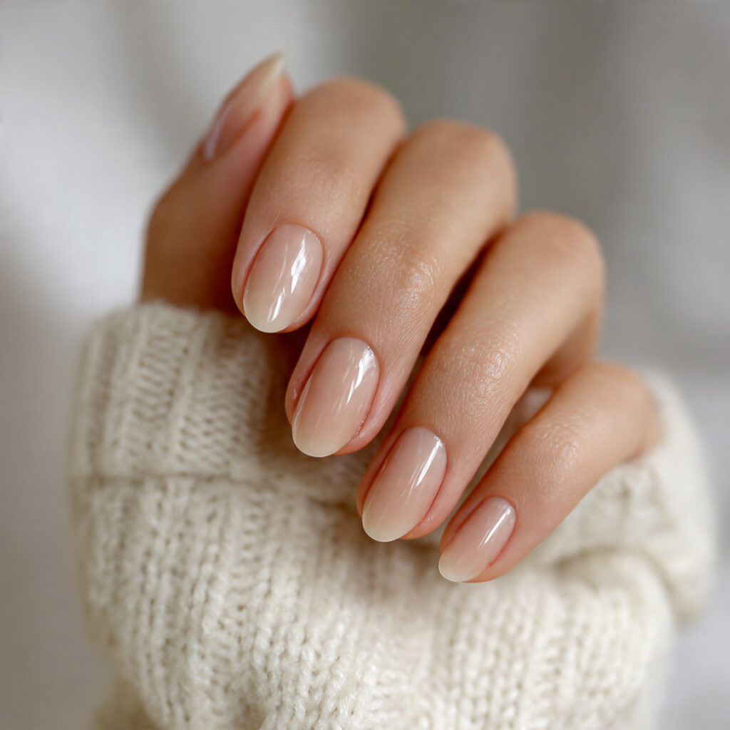 sheer warm beige nails subtle translucent polish