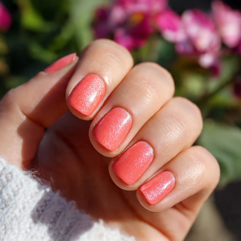 26 Easy Spring Nails Anyone Can Do at Home 15 Coral Pink Shimmer