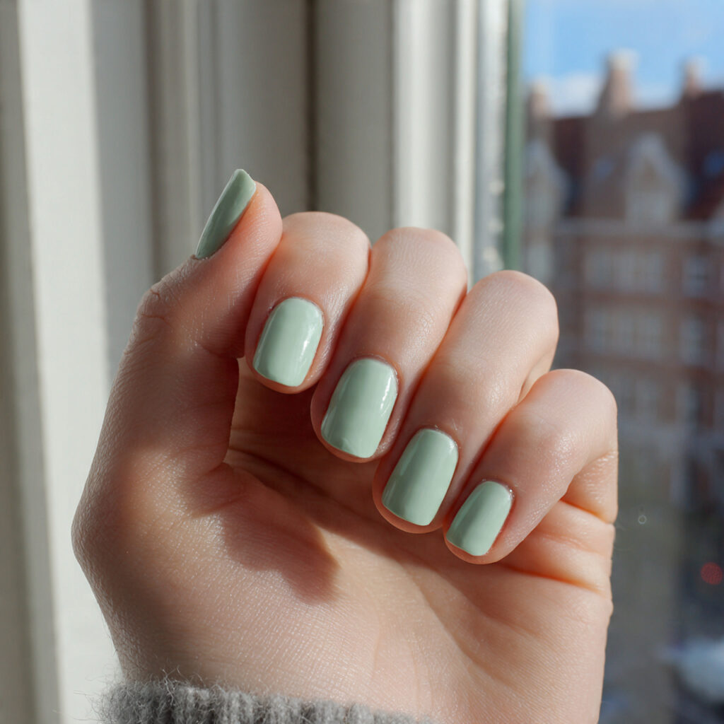 25 Busy Mom Nail Ideas That Look Put-Together Without Extra Effort 17 short natural nails in soft muted mint green gloss