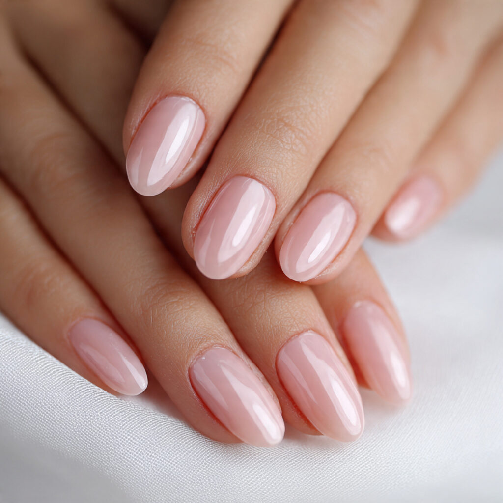 short oval nails with sheer light pink polish smoo