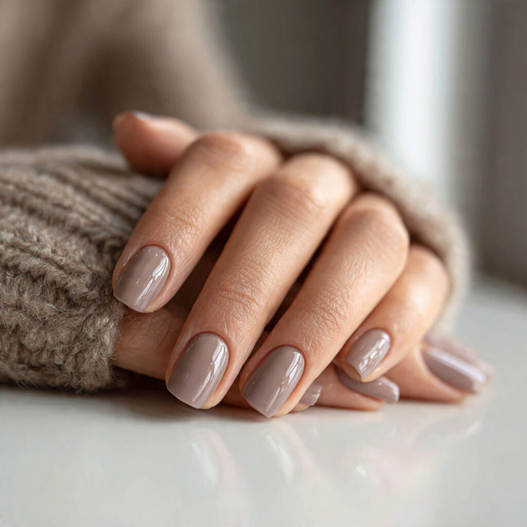 25 Busy Mom Nail Ideas That Look Put-Together Without Extra Effort 9 short practical nails in soft taupe polish glossy