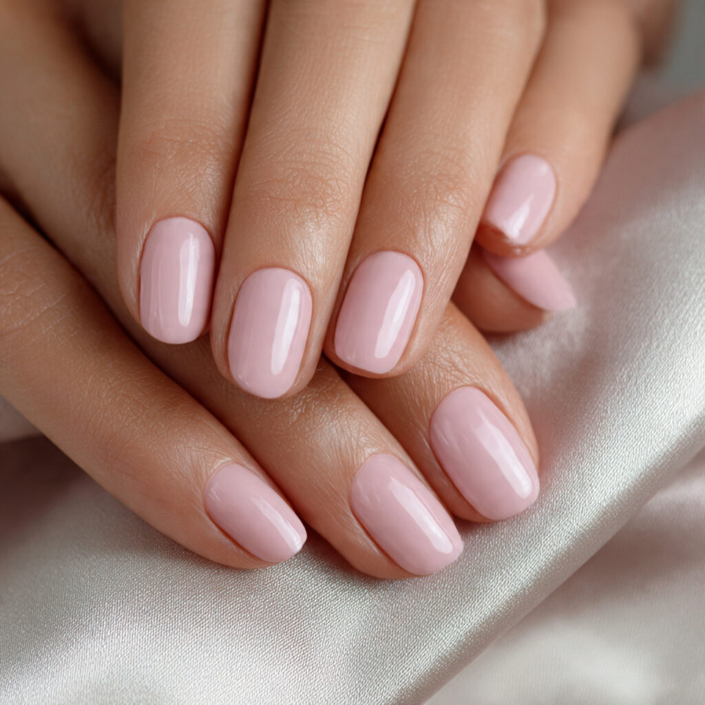short rounded nails in soft ballet pink smooth cre