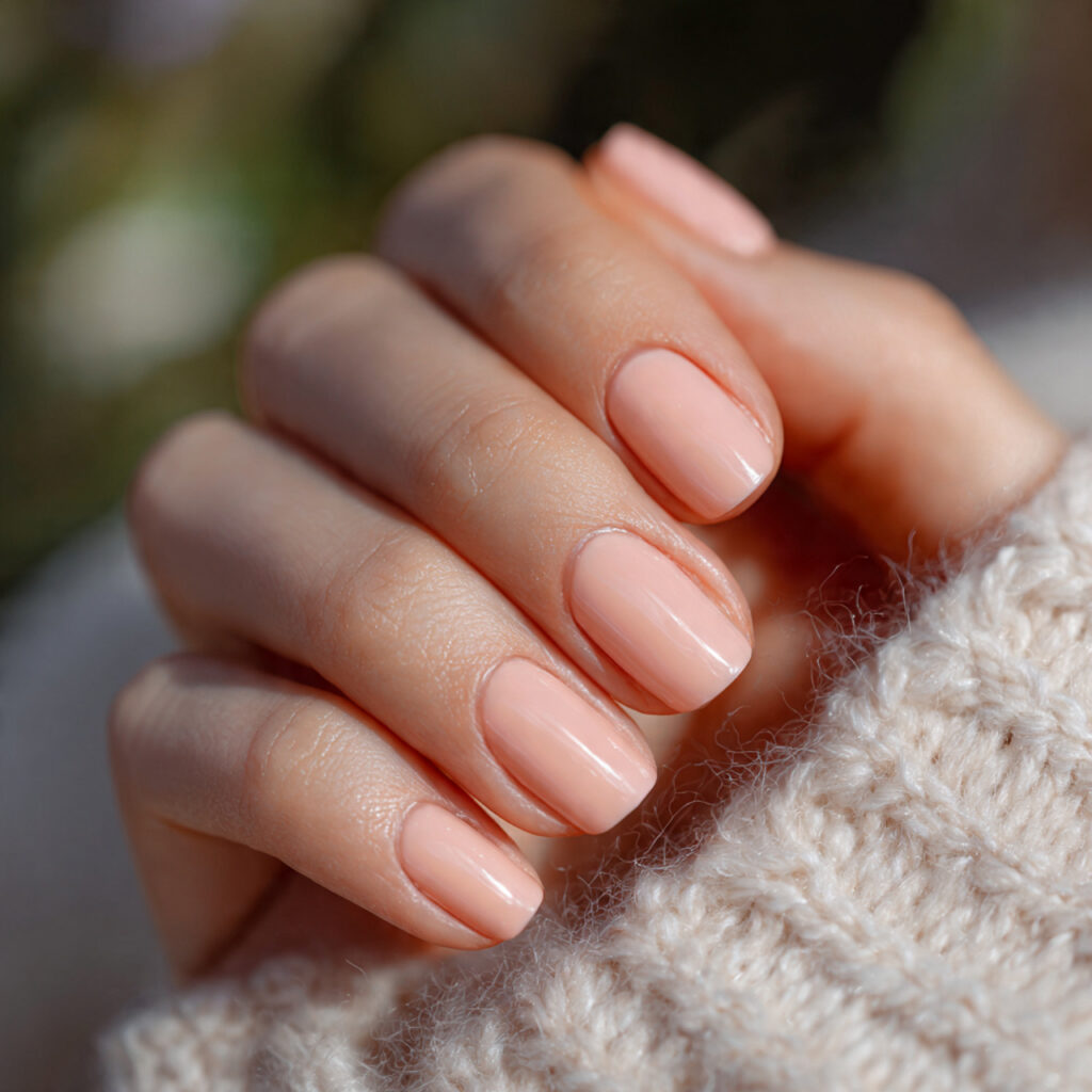 short rounded nails in soft pale peach luminous gl