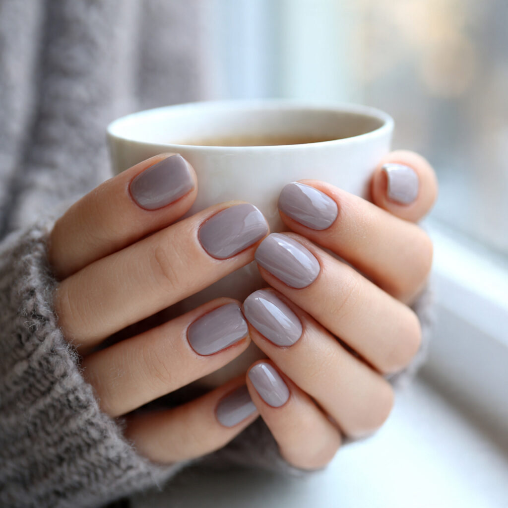 25 Busy Mom Nail Ideas That Look Put-Together Without Extra Effort 7 short rounded nails painted in light dove gray wit