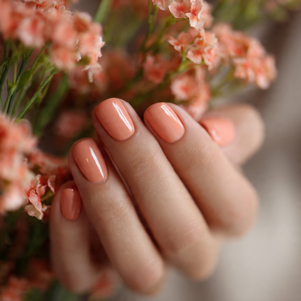 short rounded nails painted muted coral cream smoo