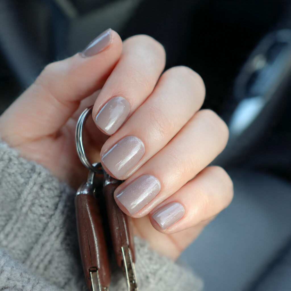 25 Busy Mom Nail Ideas That Look Put-Together Without Extra Effort 6 short soft beige nails with one ring finger in a s