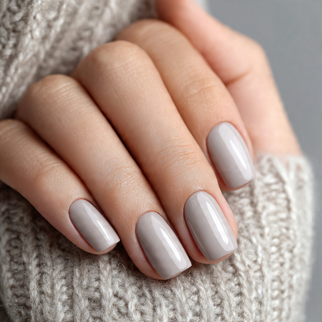 short square nails in gray beige shade smooth even