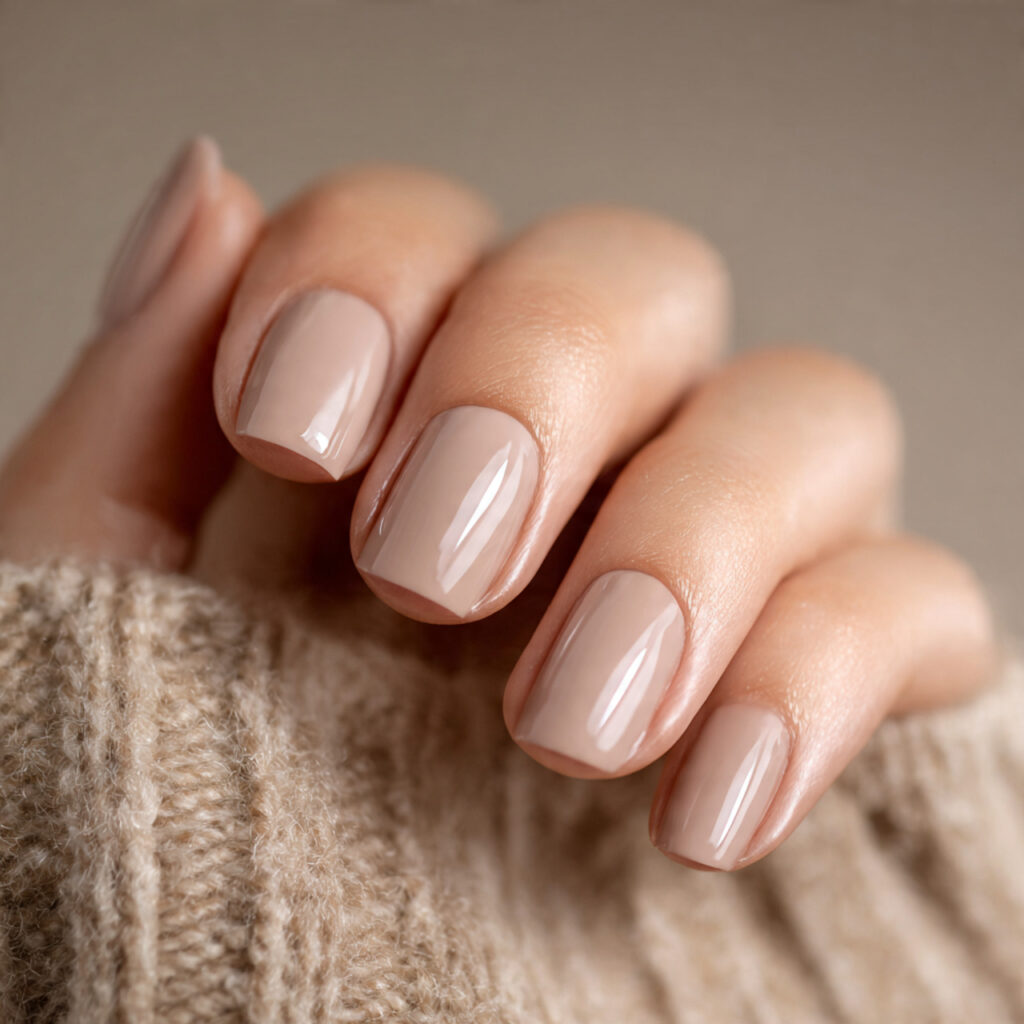 short square nails in taupe with smooth matte fini