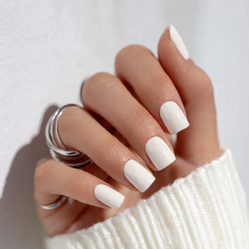 27 Everyday Short Nails That Are Clean, Minimal, and Stylish 3 short creamy white nails with smooth high shine