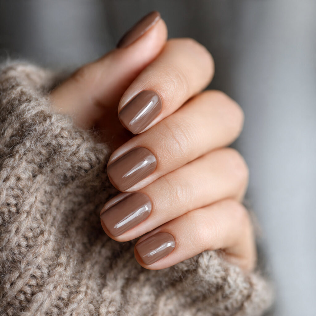 short mocha brown nails glossy finish warm
