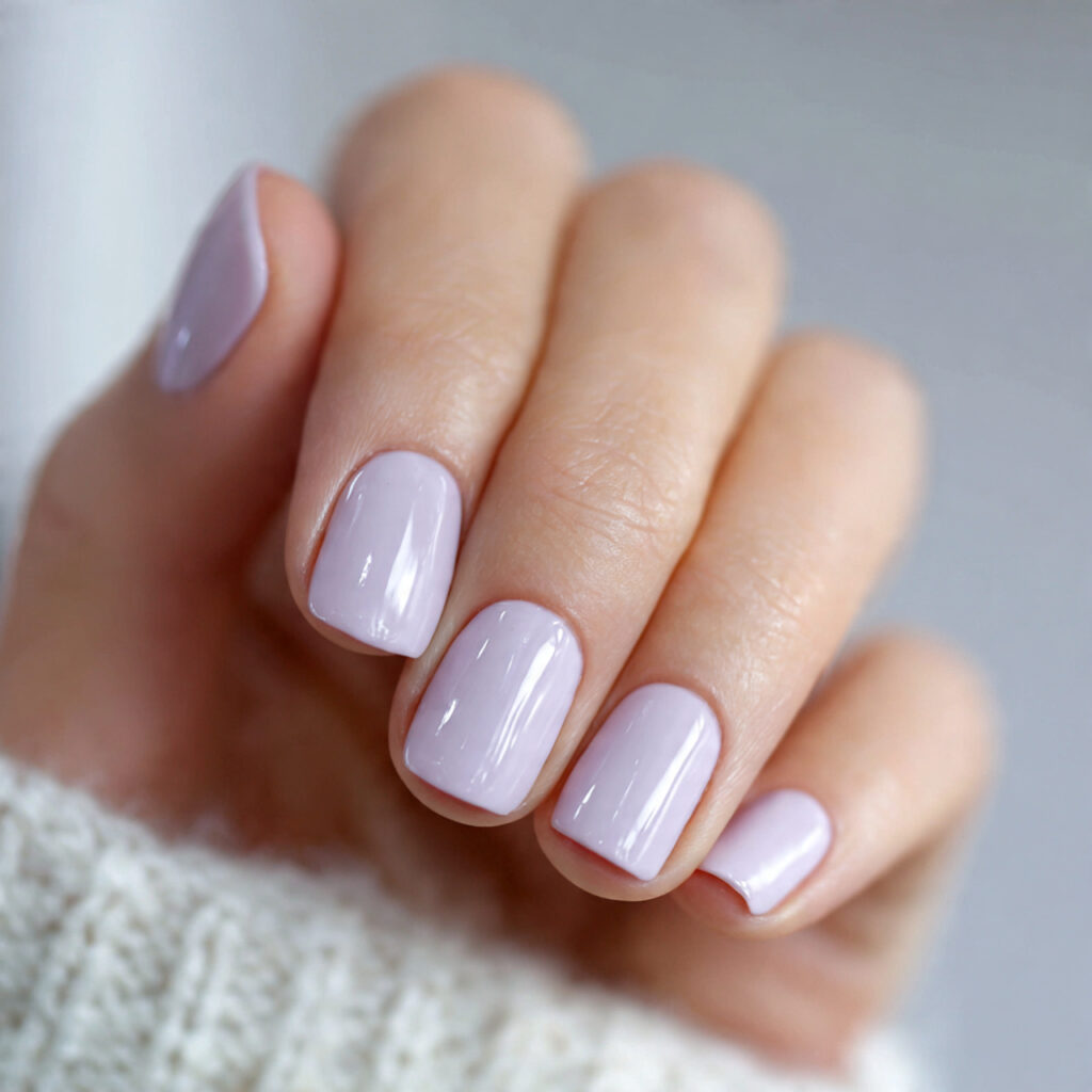 short nails with sheer pale lavender polish