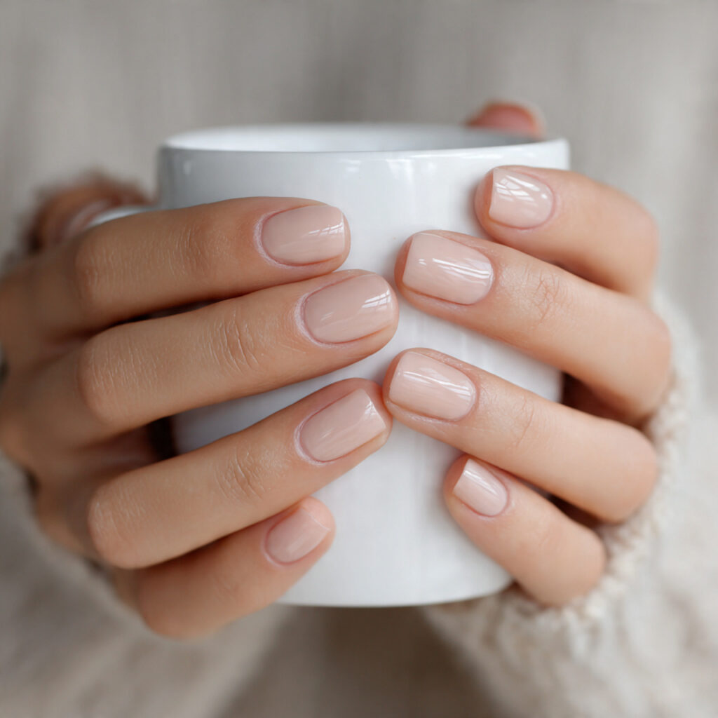 short natural nails with high shine clear polish