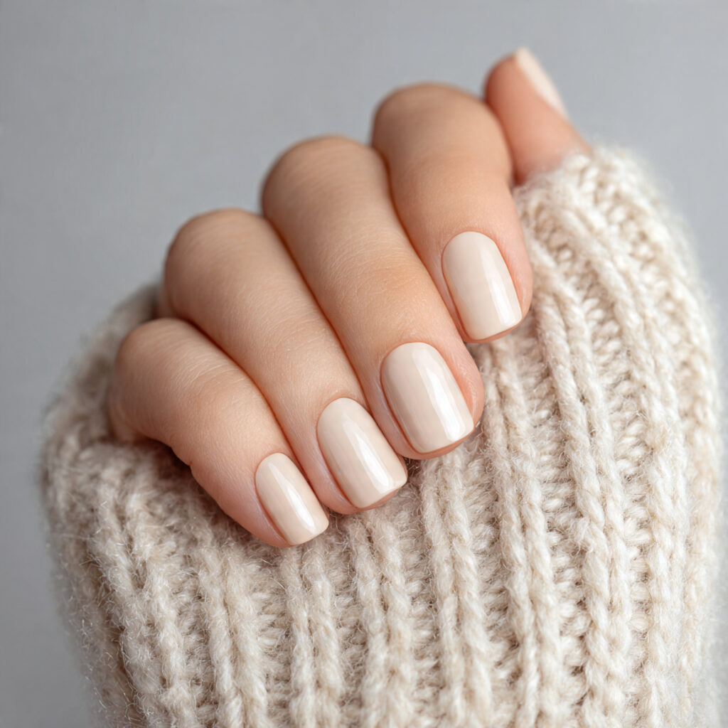 short neutral nails with cream finish polish