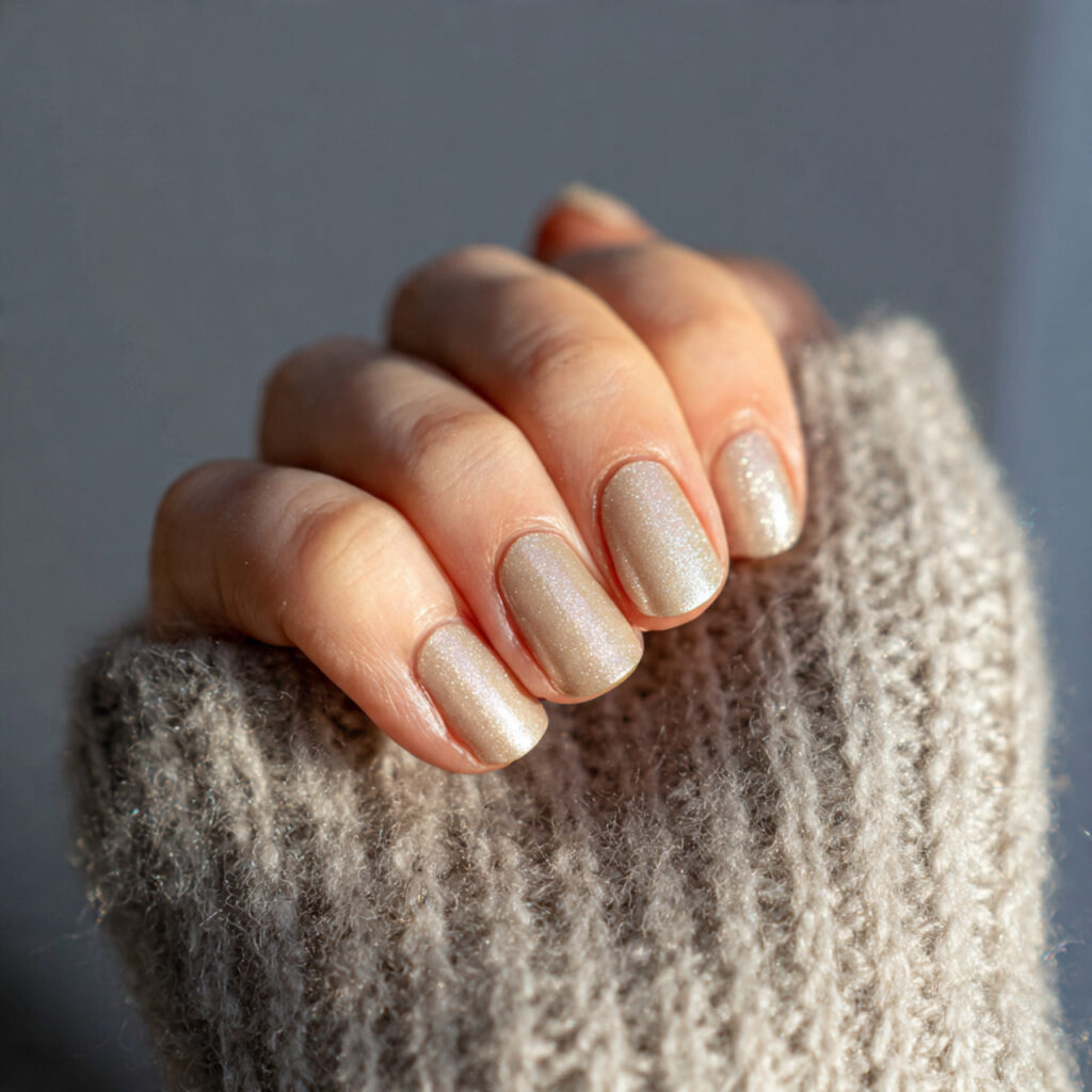 short neutral nails with soft champagne shimmer