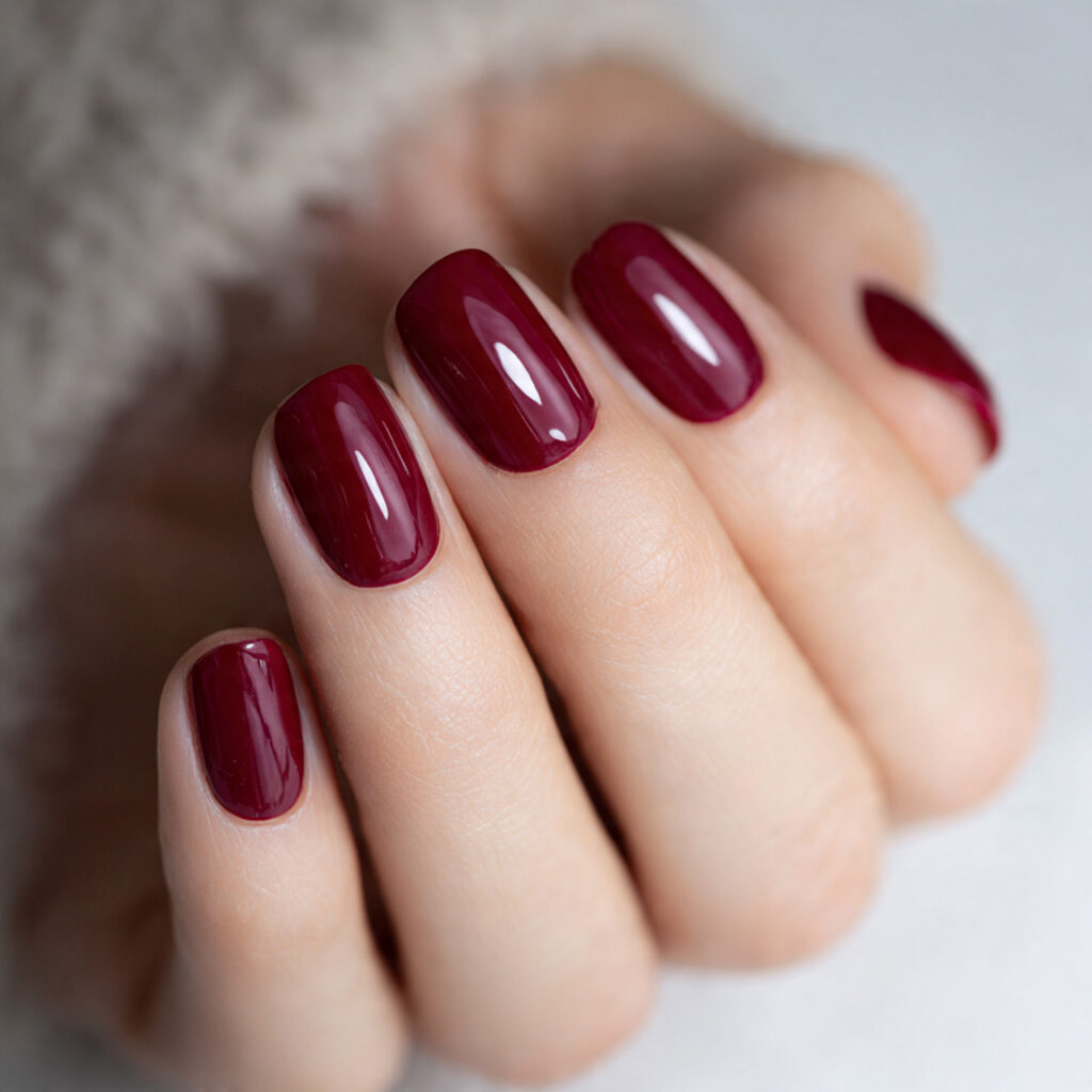 short rounded nails painted deep wine red