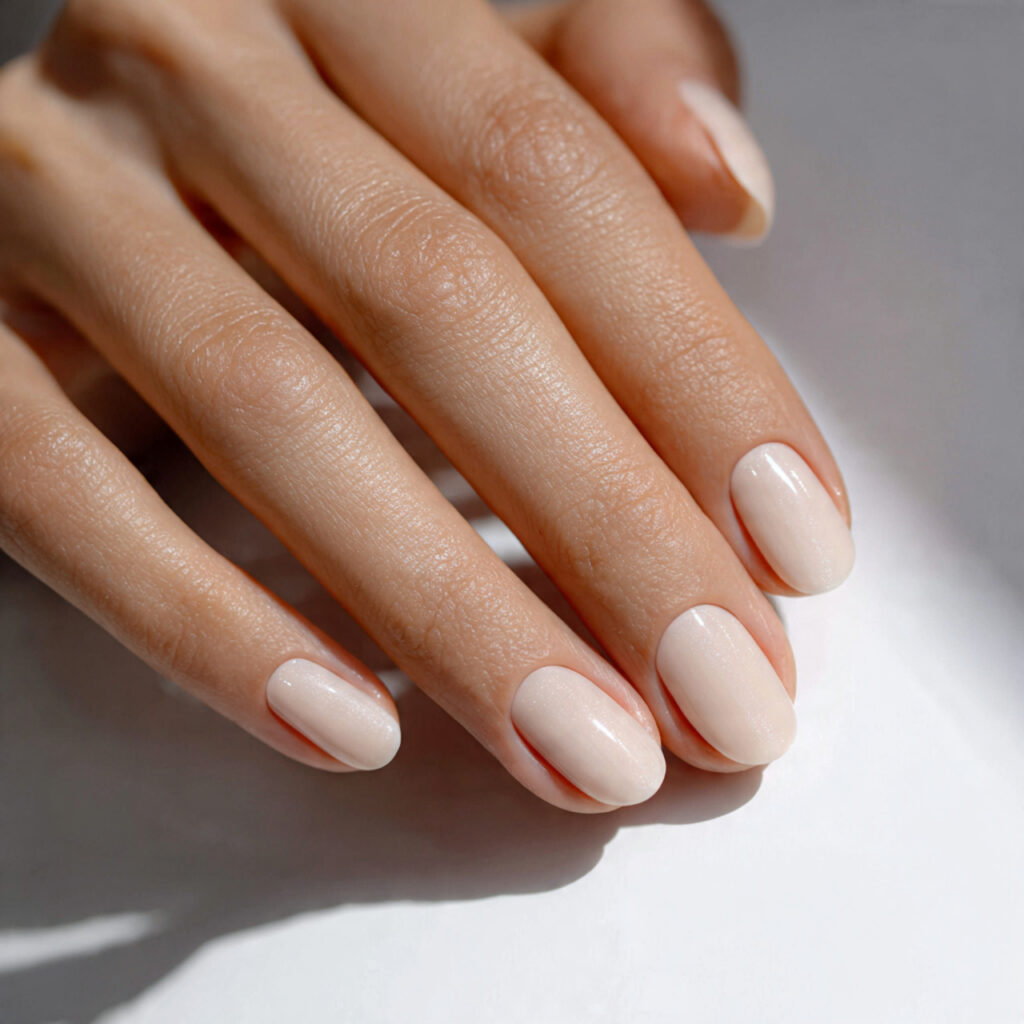 short rounded nails with neutral polish natural