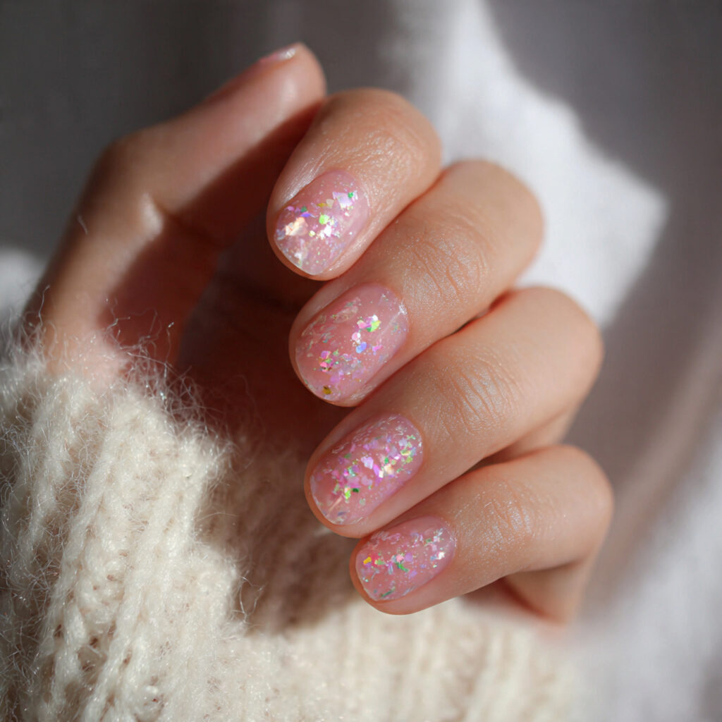 23 Soft Girl Nails That Feel Feminine, Aesthetic, and Trendy 22 short sheer pink nails with scattered holographic