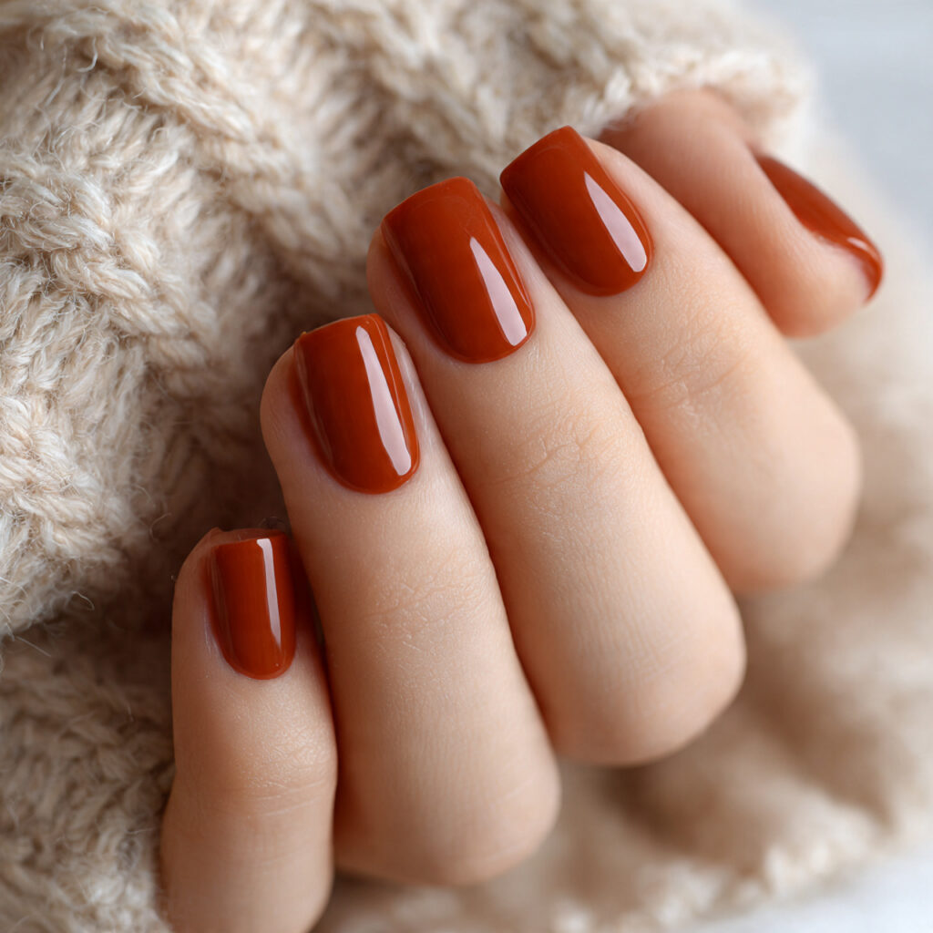 27 Everyday Short Nails That Are Clean, Minimal, and Stylish 20 short terracotta nails warm earthy orange brown tone