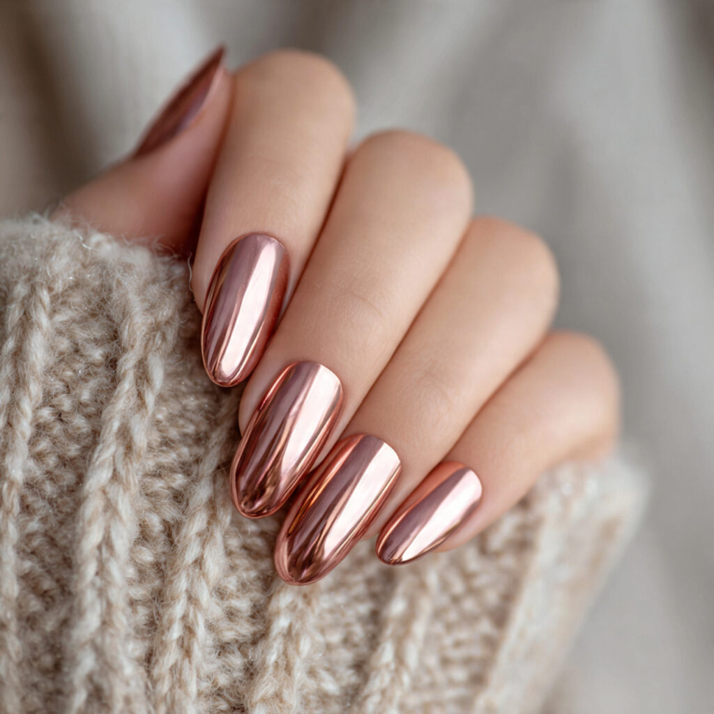 smooth rose gold metallic nails with reflective fi