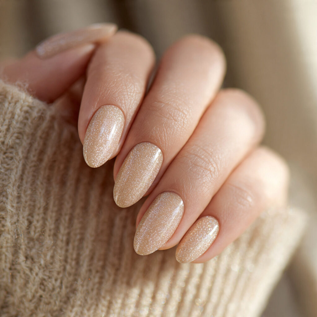soft champagne colored nails with subtle golden sh